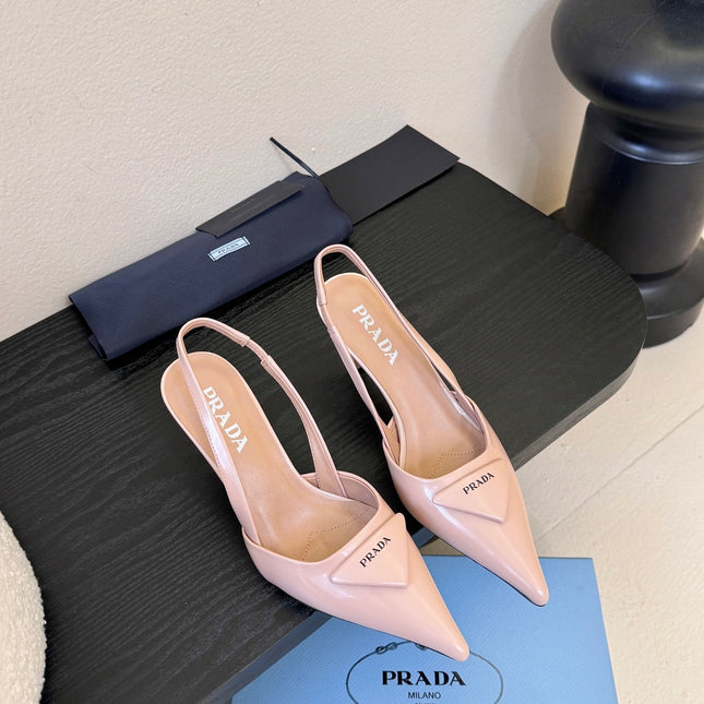 PRADA 26S POINTED TOE SLINGBACK HEELS 60MM IN LIGHT PINK CALFSKIN WITH LOGO