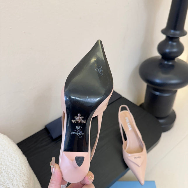 PRADA 26S POINTED TOE SLINGBACK HEELS 60MM IN LIGHT PINK CALFSKIN WITH LOGO