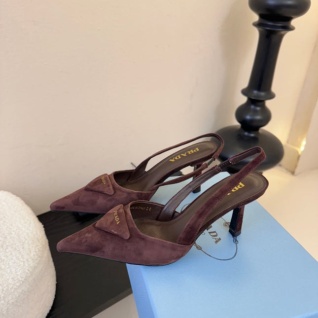 PRADA 26S POINTED TOE SLINGBACK HEELS 60MM IN DARK BROWN SUDE WITH LOGO