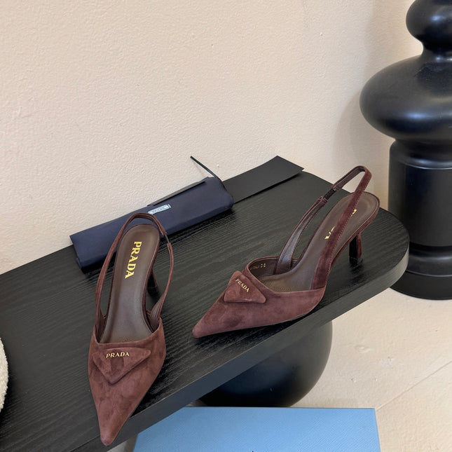 PRADA 26S POINTED TOE SLINGBACK HEELS 60MM IN DARK BROWN SUDE WITH LOGO