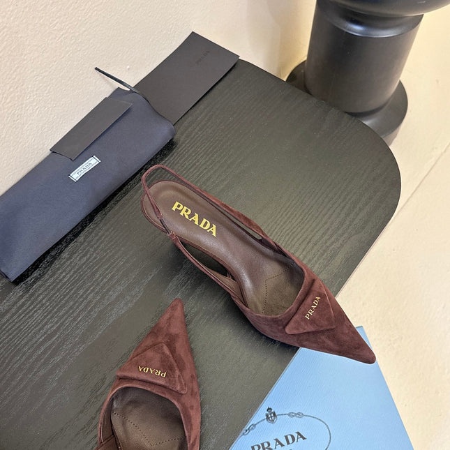 PRADA 26S POINTED TOE SLINGBACK HEELS 60MM IN DARK BROWN SUDE WITH LOGO