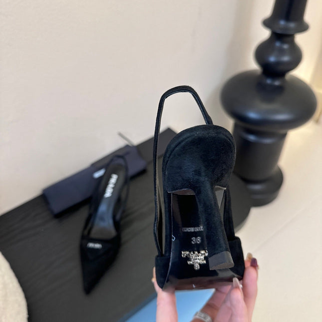 PRADA 26S POINTED TOE SLINGBACK HEELS 60MM IN BLACK SUDE WITH LOGO