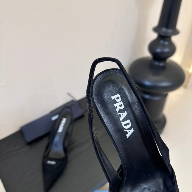 PRADA 26S POINTED TOE SLINGBACK HEELS 60MM IN BLACK SUDE WITH LOGO