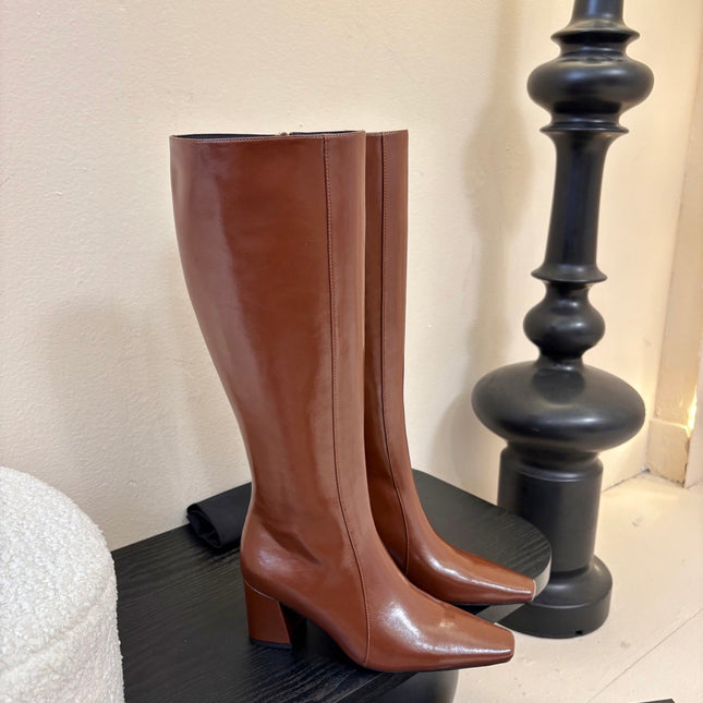 YSL 26S KNEE-HIGH HEELED BOOTS IN BROWN SHINY CALFSKIN