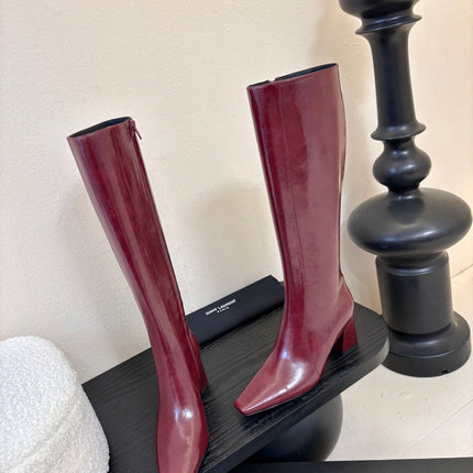 YSL 26S KNEE-HIGH HEELED BOOTS IN DARK RED SHINY CALFSKIN