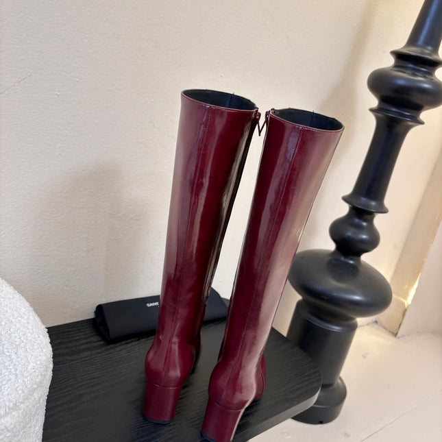 YSL 26S KNEE-HIGH HEELED BOOTS IN DARK RED SHINY CALFSKIN