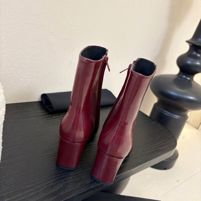 YSL 26S HEELED ANKLE BOOTS IN DARK RED SHINY CALFSKIN
