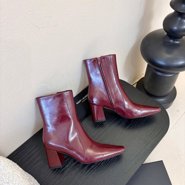 YSL 26S HEELED ANKLE BOOTS IN DARK RED SHINY CALFSKIN