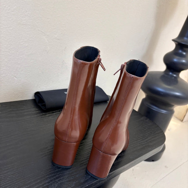 YSL 26S HEELED ANKLE BOOTS IN BROWN SHINY CALFSKIN