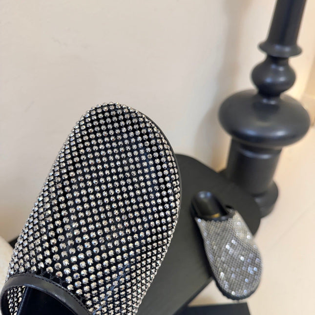 YSL 26S MESH MULES IN BLACK CALFSKIN AND WITH RHINESTONES