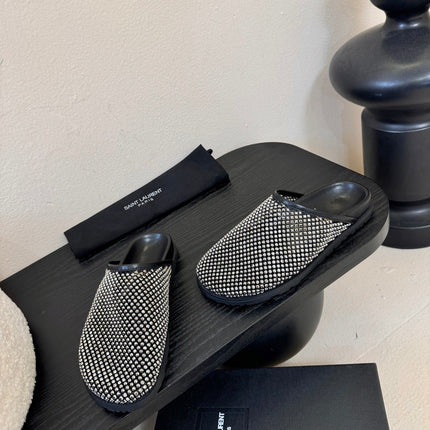 YSL 26S MESH MULES IN BLACK CALFSKIN AND WITH RHINESTONES