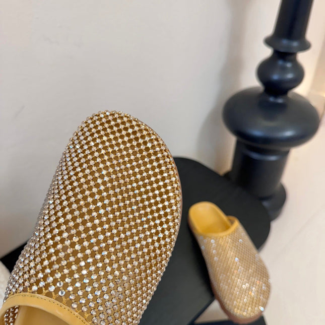 YSL 26S MESH MULES IN BEIGE YELLOW CALFSKIN AND WITH RHINESTONES