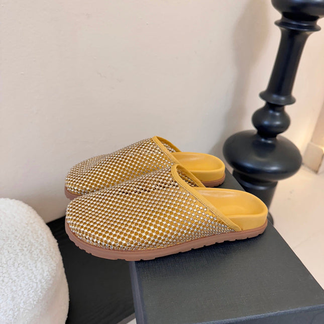 YSL 26S MESH MULES IN BEIGE YELLOW CALFSKIN AND WITH RHINESTONES