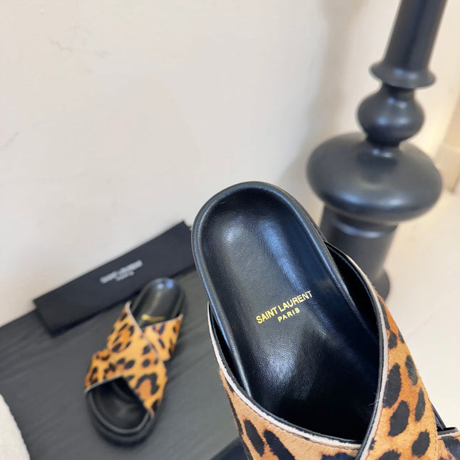 YSL 26S CROSS-STRAP SANDALS IN LEOPARD PRINT CALFSKIN HAIR STYLE 1