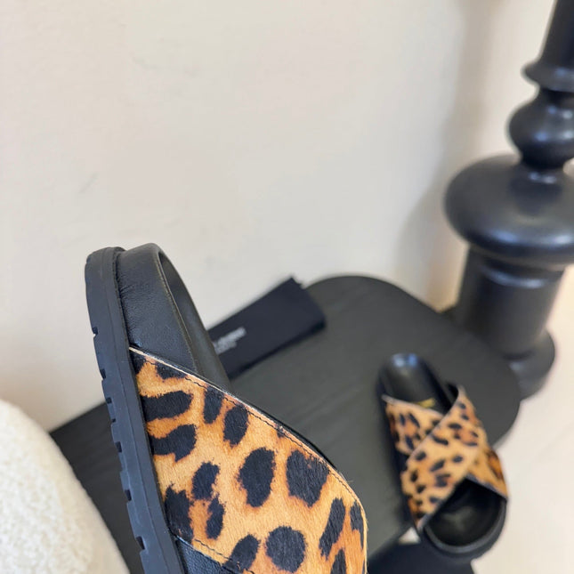 YSL 26S CROSS-STRAP SANDALS IN LEOPARD PRINT CALFSKIN HAIR STYLE 1