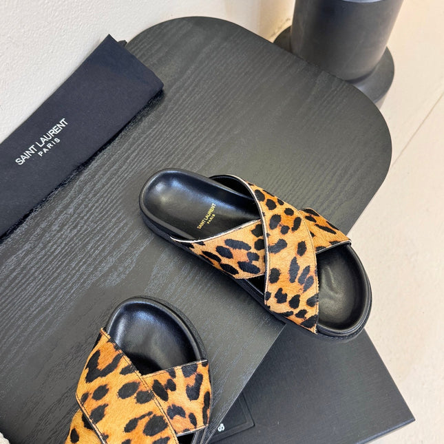 YSL 26S CROSS-STRAP SANDALS IN LEOPARD PRINT CALFSKIN HAIR STYLE 1