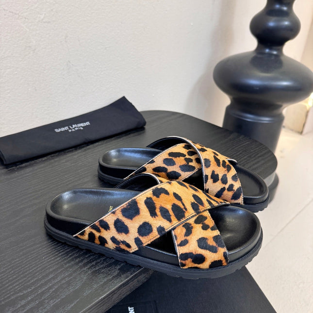 YSL 26S CROSS-STRAP SANDALS IN LEOPARD PRINT CALFSKIN HAIR STYLE 1