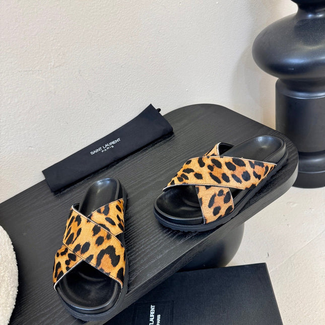 YSL 26S CROSS-STRAP SANDALS IN LEOPARD PRINT CALFSKIN HAIR STYLE 1