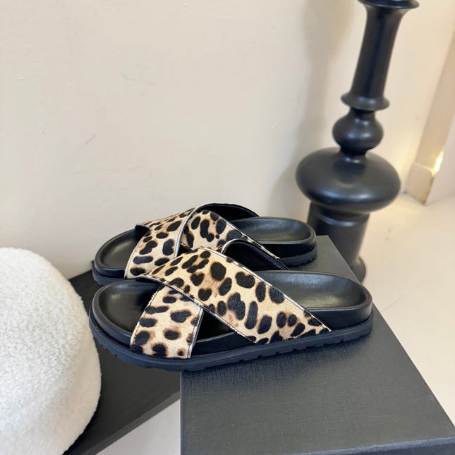 YSL 26S CROSS-STRAP SANDALS IN LEOPARD PRINT CALFSKIN HAIR