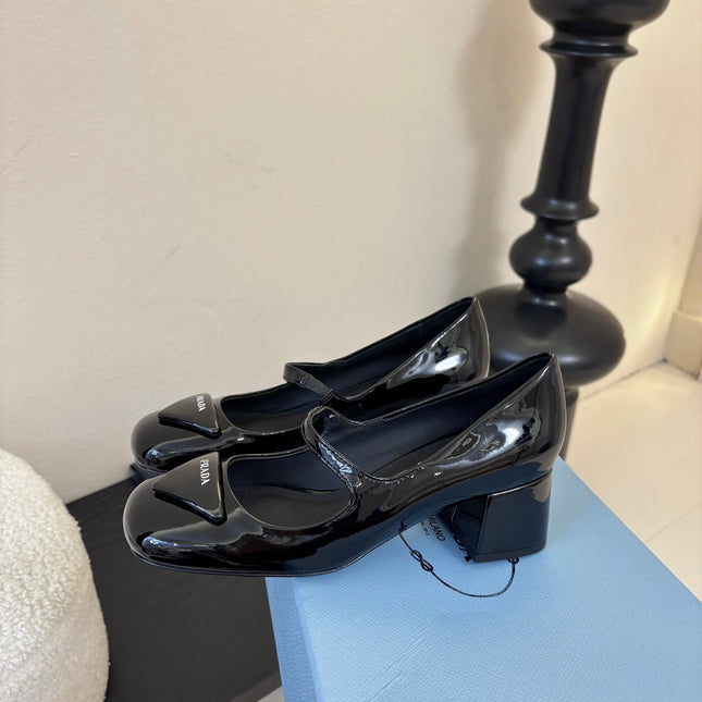 PRADA 26S BLOCK-HEEL MARY JANE IN BLACK PATENT CALFSKIN
