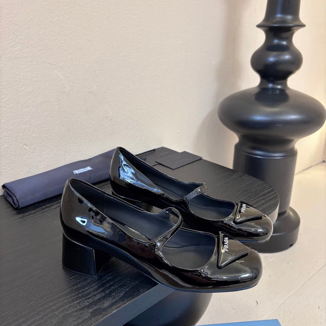 PRADA 26S BLOCK-HEEL MARY JANE IN BLACK PATENT CALFSKIN