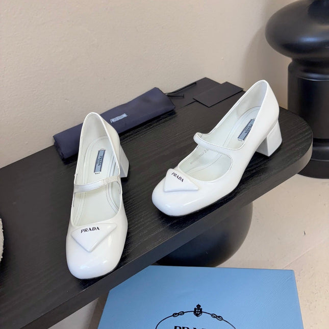PRADA 26S BLOCK-HEEL MARY JANE IN WHITE PATENT CALFSKIN
