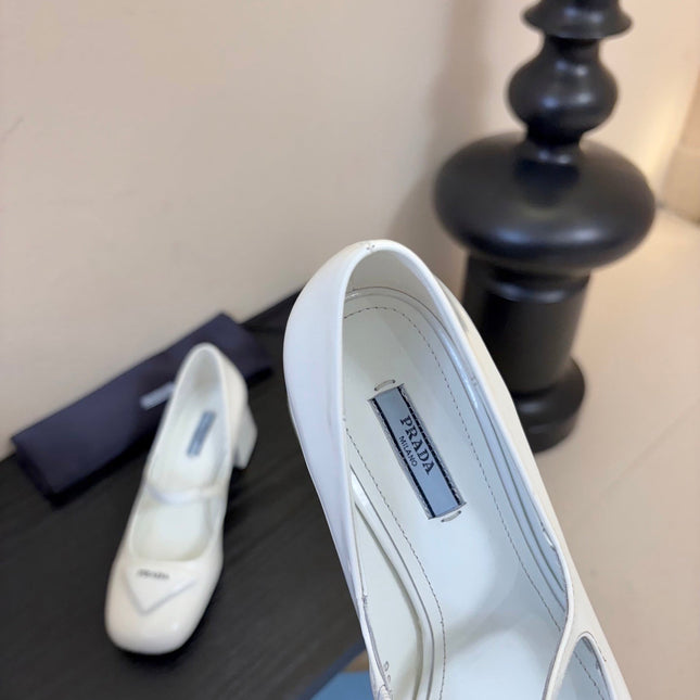 PRADA 26S BLOCK-HEEL MARY JANE IN WHITE PATENT CALFSKIN