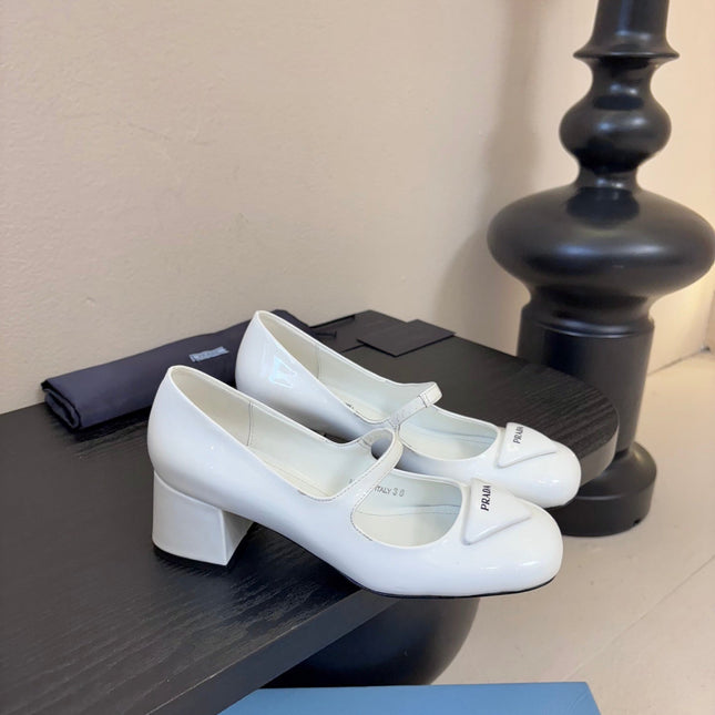 PRADA 26S BLOCK-HEEL MARY JANE IN WHITE PATENT CALFSKIN