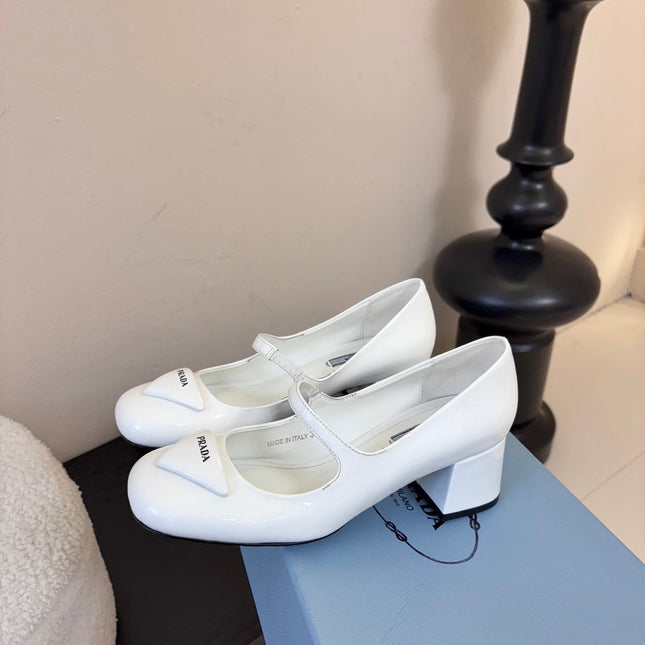 PRADA 26S BLOCK-HEEL MARY JANE IN WHITE PATENT CALFSKIN