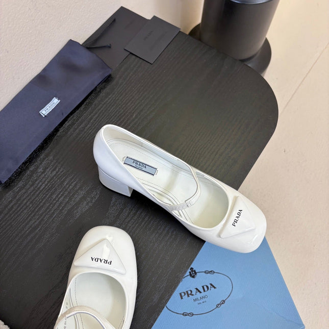 PRADA 26S BLOCK-HEEL MARY JANE IN WHITE PATENT CALFSKIN