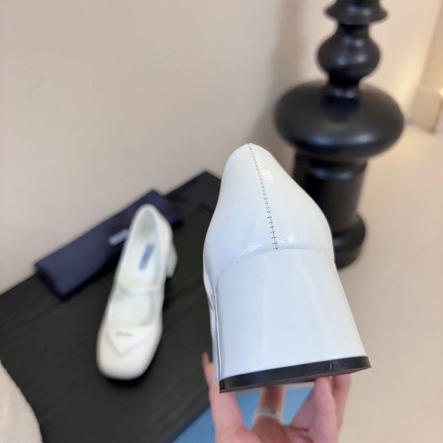 PRADA 26S BLOCK-HEEL MARY JANE IN WHITE PATENT CALFSKIN