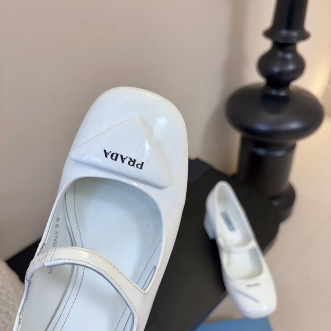 PRADA 26S BLOCK-HEEL MARY JANE IN WHITE PATENT CALFSKIN