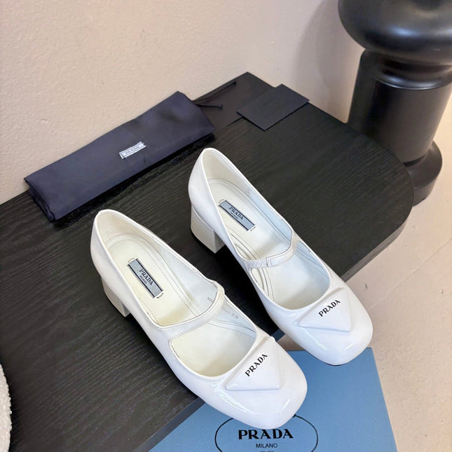 PRADA 26S BLOCK-HEEL MARY JANE IN WHITE PATENT CALFSKIN