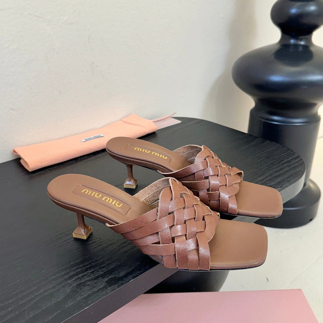MIUMIU 26S IVETTE WOVEN HEELED SANDALS 40MM IN BROWN CALFSKIN