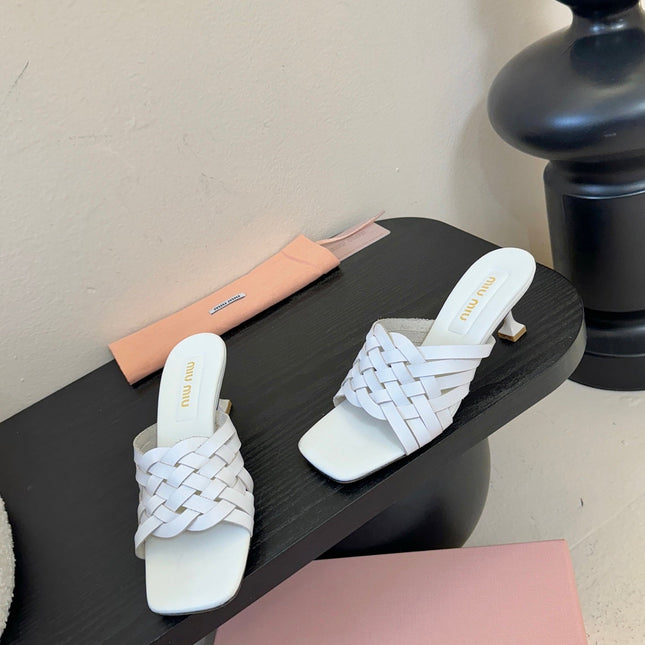 MIUMIU 26S IVETTE WOVEN HEELED SANDALS 40MM IN WHITE CALFSKIN