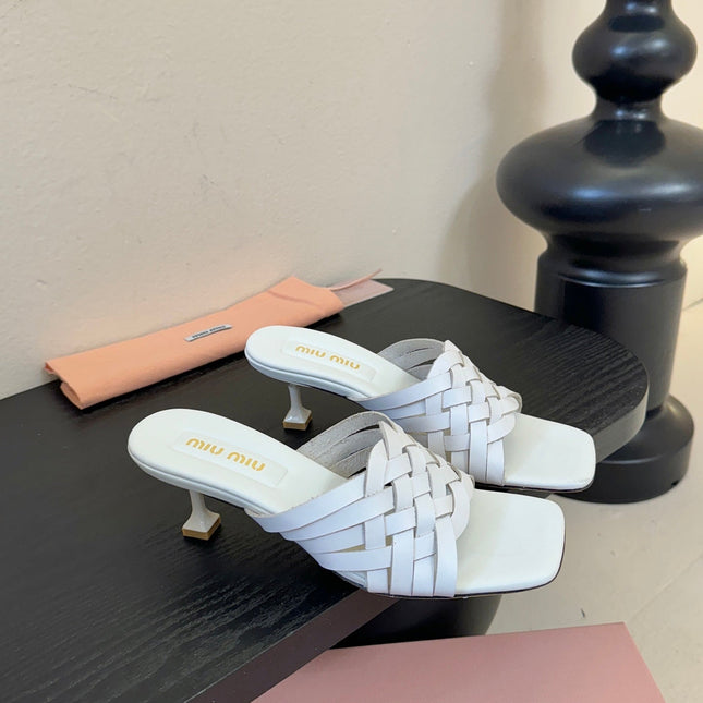 MIUMIU 26S IVETTE WOVEN HEELED SANDALS 40MM IN WHITE CALFSKIN