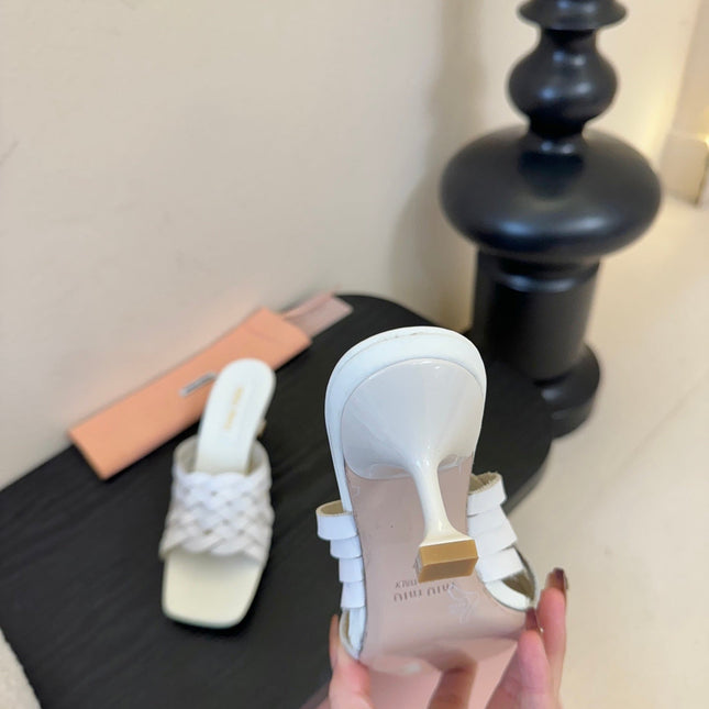 MIUMIU 26S IVETTE WOVEN HEELED SANDALS 40MM IN WHITE CALFSKIN
