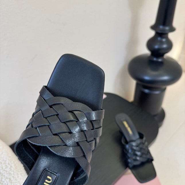 MIUMIU 26S IVETTE WOVEN HEELED SANDALS 40MM IN BLACK CALFSKIN