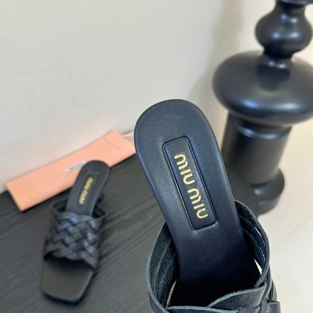 MIUMIU 26S IVETTE WOVEN HEELED SANDALS 40MM IN BLACK CALFSKIN