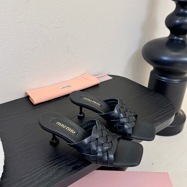 MIUMIU 26S IVETTE WOVEN HEELED SANDALS 40MM IN BLACK CALFSKIN