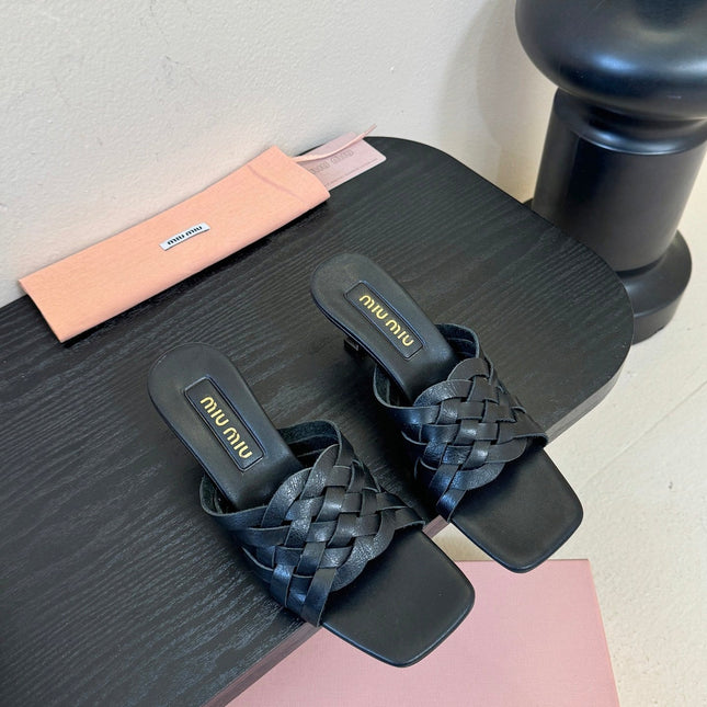MIUMIU 26S IVETTE WOVEN HEELED SANDALS 40MM IN BLACK CALFSKIN