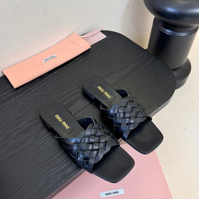 MIUMIU 26S IVETTE WOVEN SLIDE SANDALS IN BLACK CALFSKIN