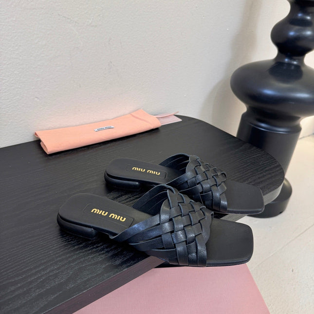 MIUMIU 26S IVETTE WOVEN SLIDE SANDALS IN BLACK CALFSKIN
