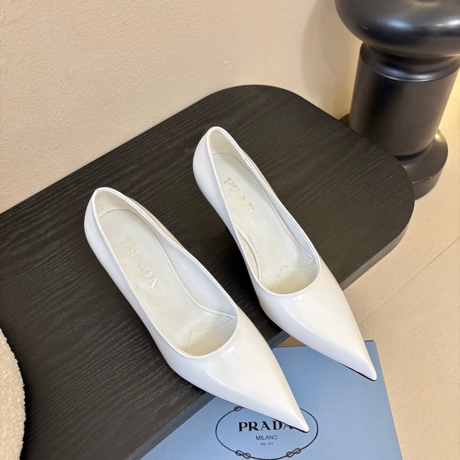 PRADA 26S POINTED-TOE HIGH HEELS IN WHITE LAMBSKIN