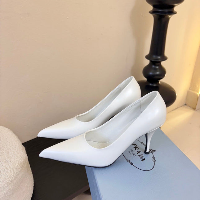 PRADA 26S POINTED-TOE HIGH HEELS IN WHITE LAMBSKIN