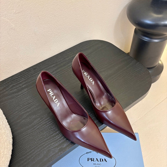 PRADA 26S POINTED-TOE HIGH HEELS IN BURGUNDY RED LAMBSKIN