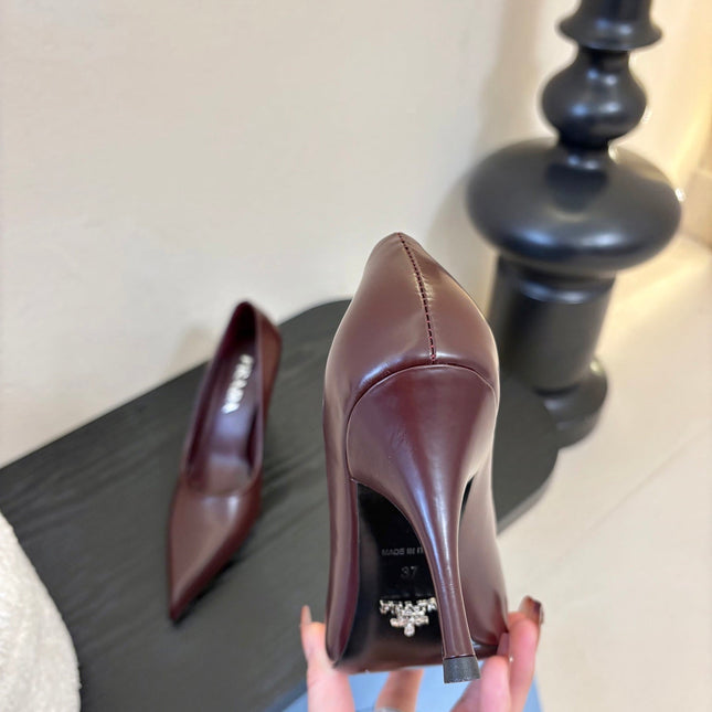 PRADA 26S POINTED-TOE HIGH HEELS IN BURGUNDY RED LAMBSKIN