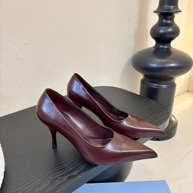 PRADA 26S POINTED-TOE HIGH HEELS IN BURGUNDY RED LAMBSKIN