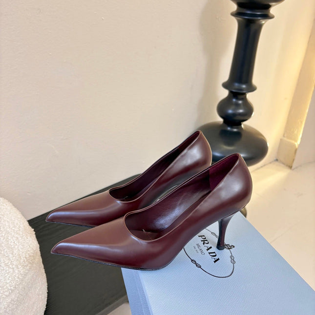 PRADA 26S POINTED-TOE HIGH HEELS IN BURGUNDY RED LAMBSKIN