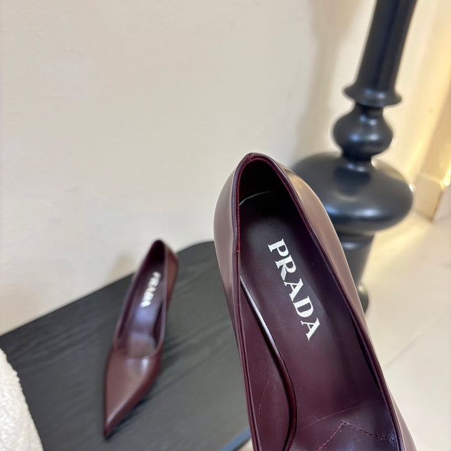 PRADA 26S POINTED-TOE HIGH HEELS IN BURGUNDY RED LAMBSKIN